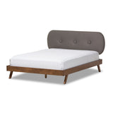 Penelope Mid-Century Modern Solid Walnut Wood Grey Fabric Upholstered Queen Size Platform Bed
