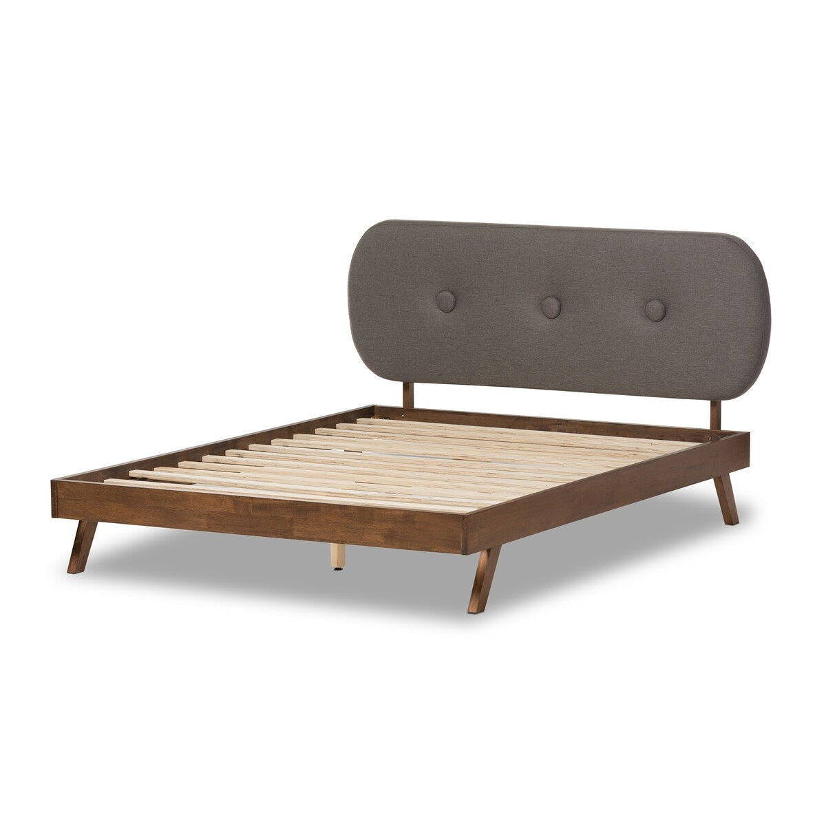 Penelope Mid-Century Modern Solid Walnut Wood Grey Fabric Upholstered Queen Size Platform Bed