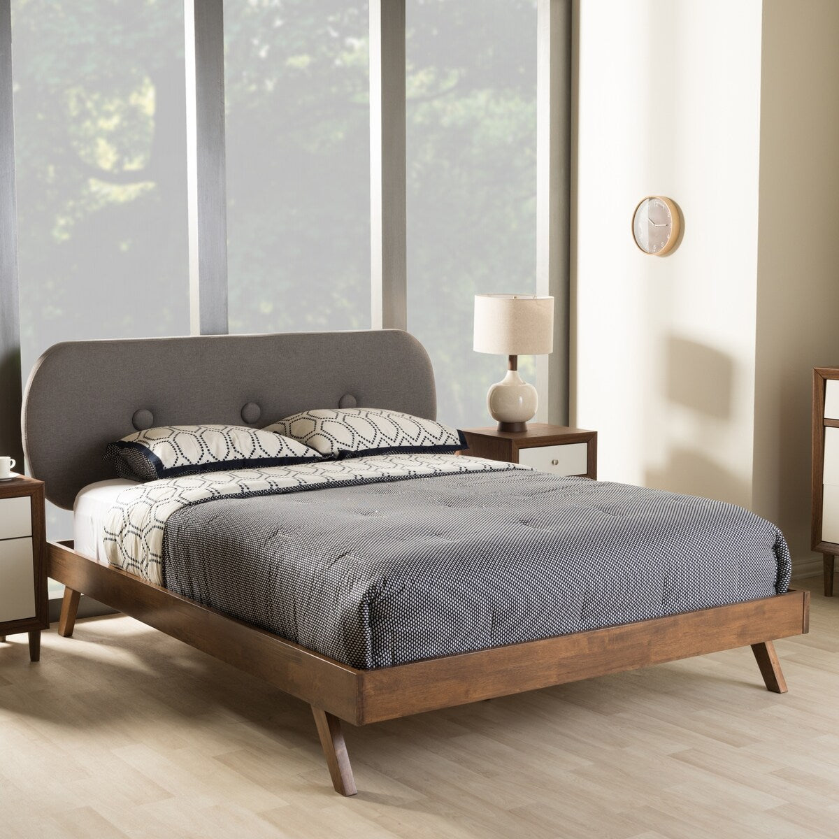 Penelope Mid-Century Modern Solid Walnut Wood Grey Fabric Upholstered Queen Size Platform Bed