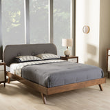 Penelope Mid-Century Modern Solid Walnut Wood Grey Fabric Upholstered Queen Size Platform Bed