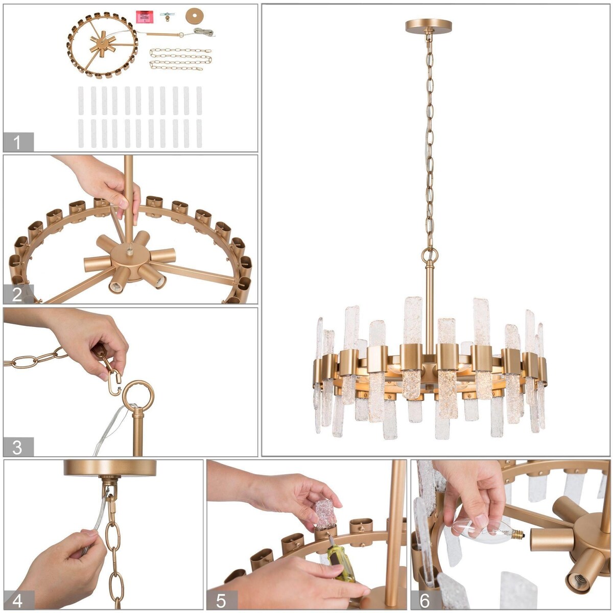 Pennia Mid-century Modern Drum Chandelier with Crystal Glass Metal Wagon Wheel Dining Room Light - Antique Gold - D18" x H15"