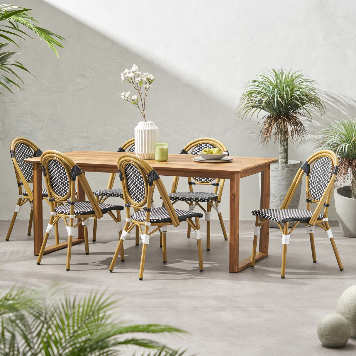 Pepple Outdoor Acacia Wood and Wicker Dining Set by Christopher Knight Home