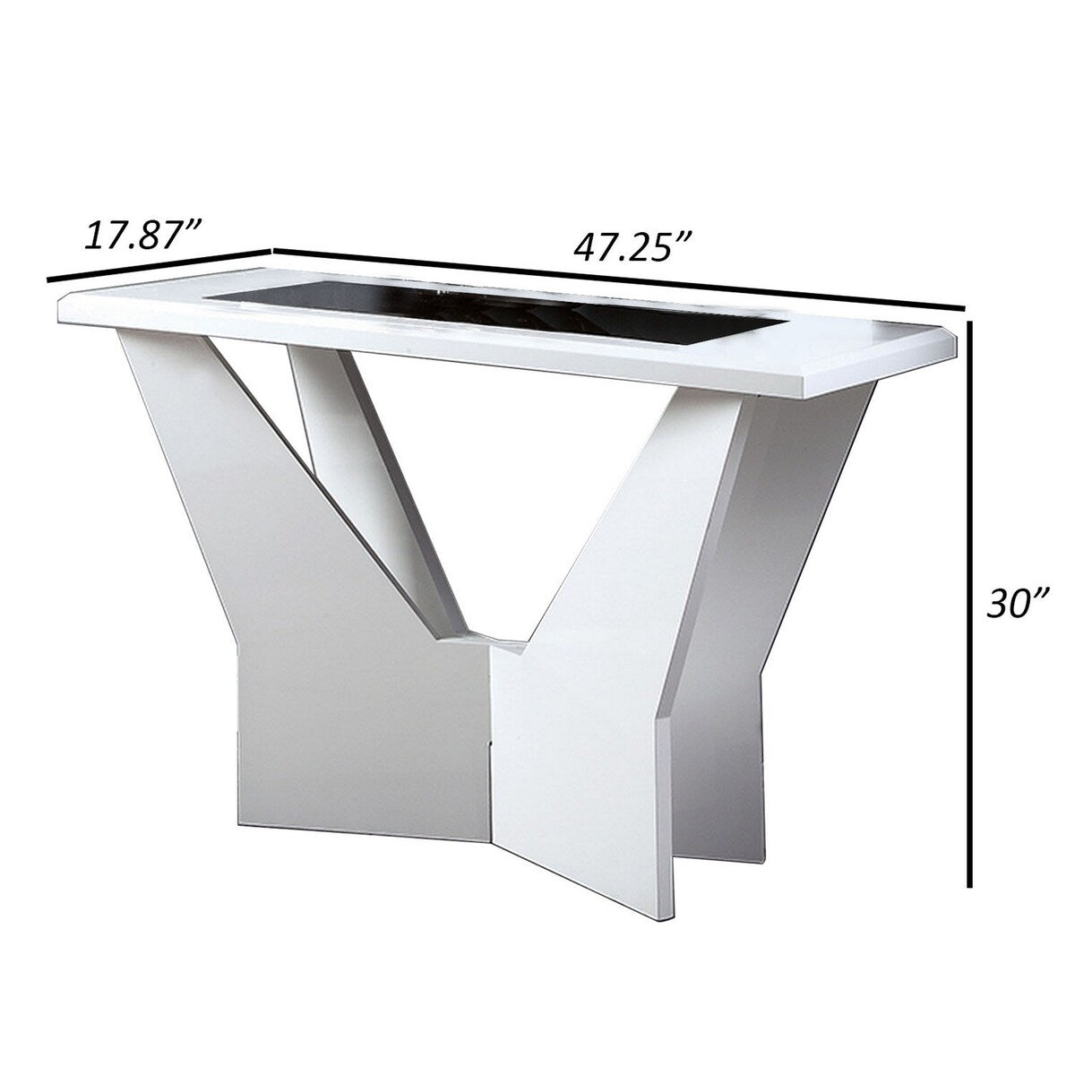 Pera 47 Inch Sofa Console Table, Glass Insert Surface, Geometric, White