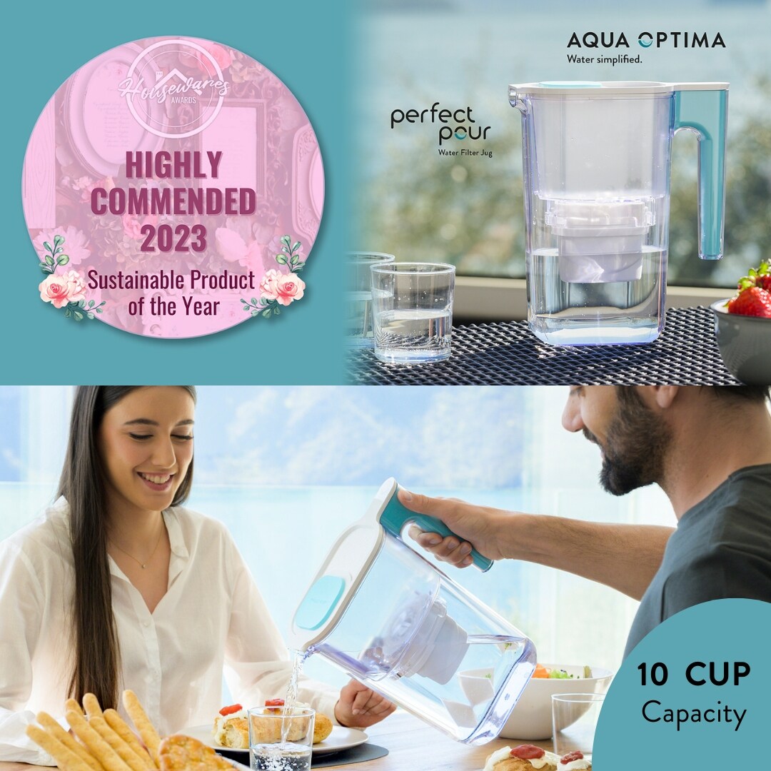 Perfect Pour Large 10 Cup Water Filter Pitcher by Aqua Optima, Reduces Microplastics, Ergonomic