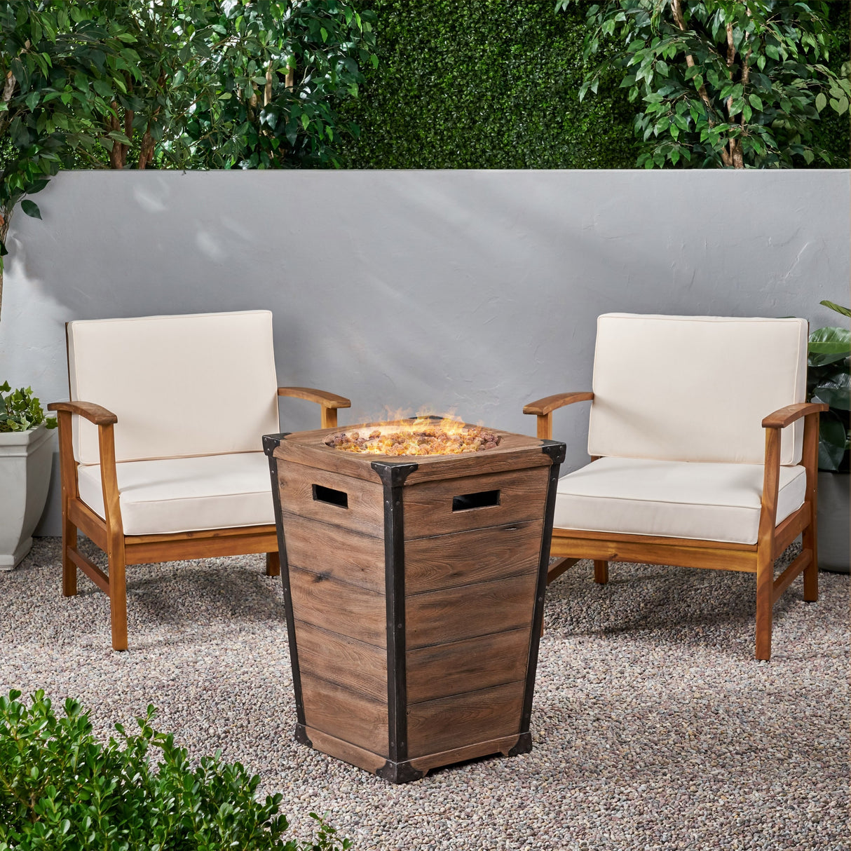 Perla Outdoor 2 Piece Acacia Wood Club Chair Set with Fire Column by Christopher Knight Home