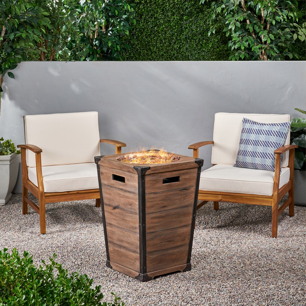 Perla Outdoor 2 Piece Acacia Wood Club Chair Set with Fire Column by Christopher Knight Home