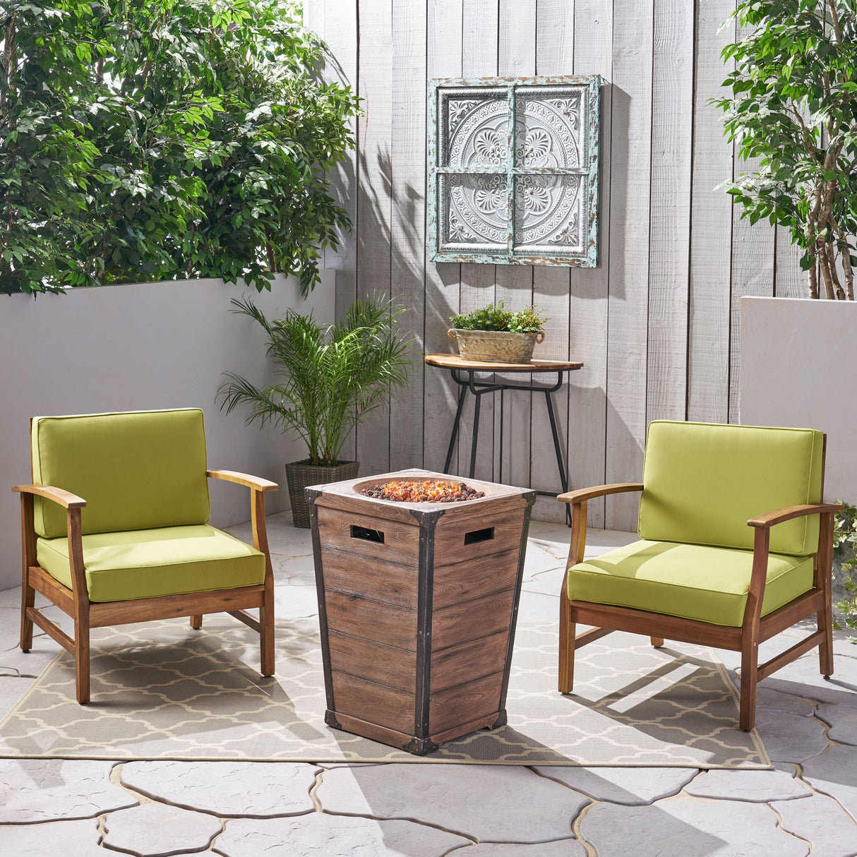 Perla Outdoor 2 Piece Acacia Wood Club Chair Set with Fire Column by Christopher Knight Home