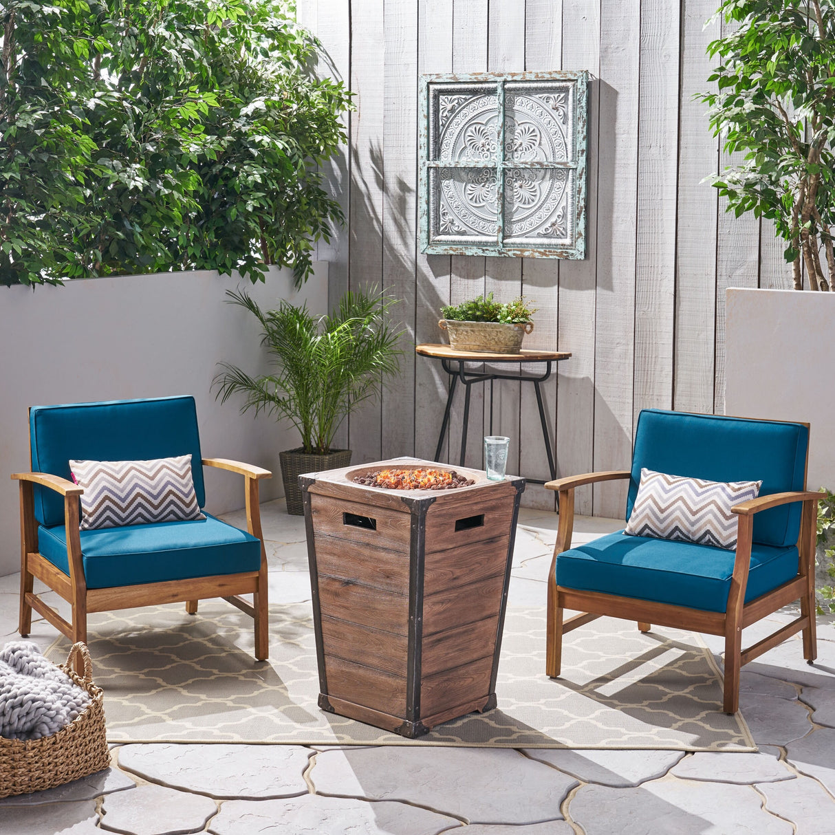 Perla Outdoor 2 Piece Acacia Wood Club Chair Set with Fire Column by Christopher Knight Home