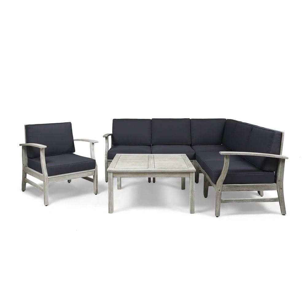 Perla Outdoor 7 Piece Acacia Wood Sectional Sofa and Club Chair Set by Christopher Knight Home