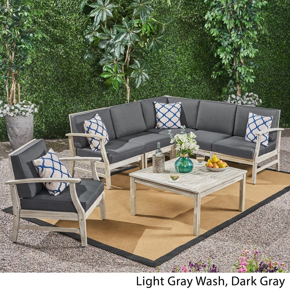 Perla Outdoor 7 Piece Acacia Wood Sectional Sofa and Club Chair Set by Christopher Knight Home