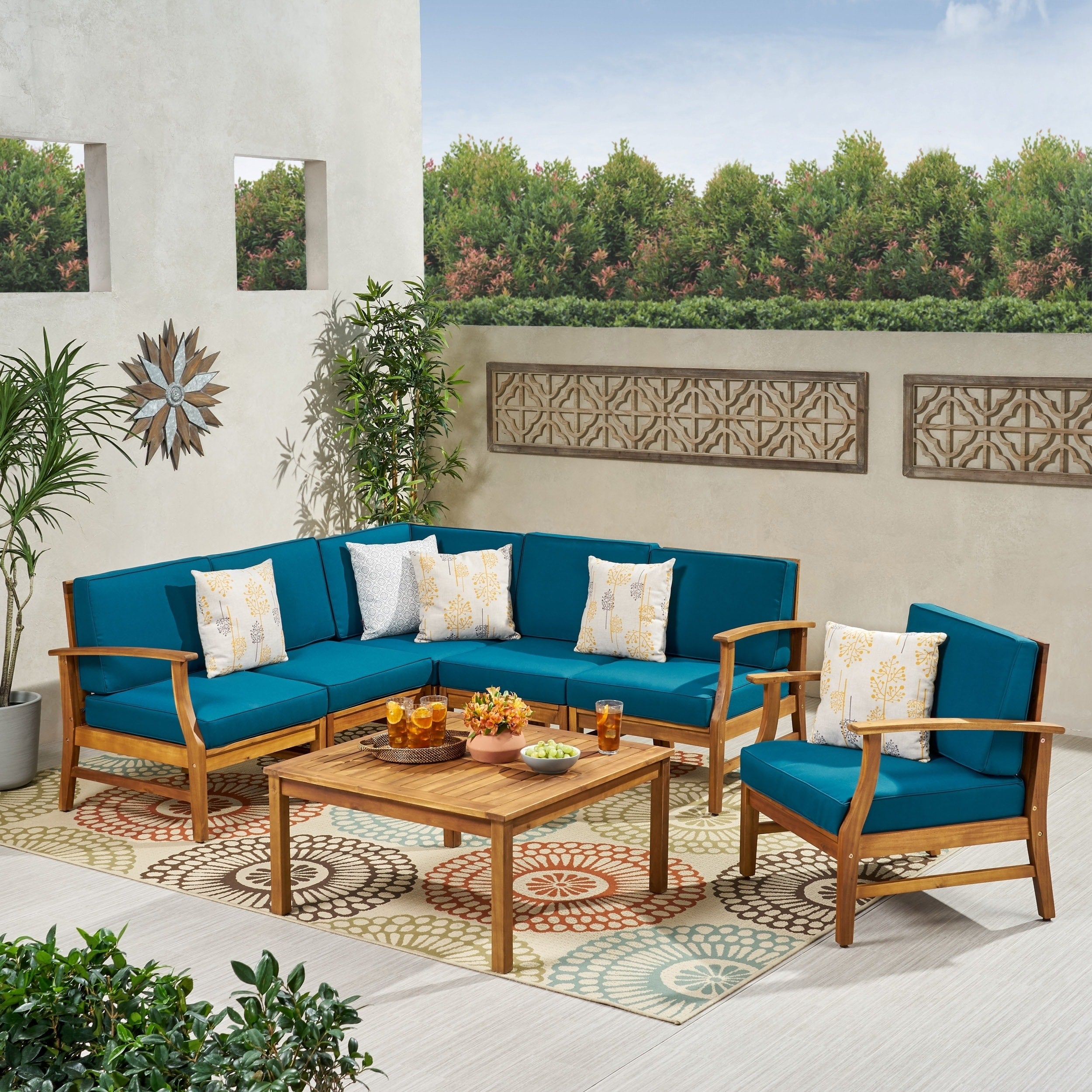 Perla Outdoor 7 piece Acacia Wood Sofa Set with Cushion by Christopher Knight Home