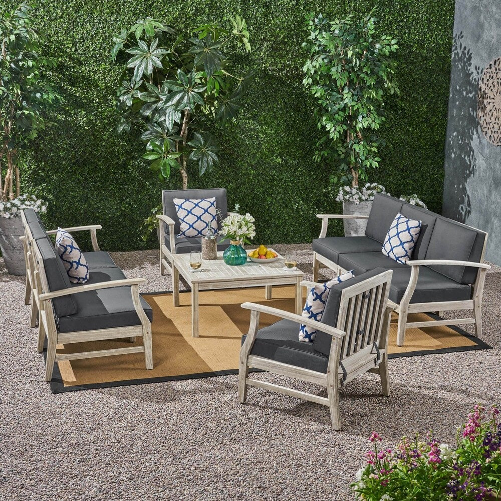 Perla Outdoor 9 Piece Acacia Wood Sofa Conversational Set by Christopher Knight Home
