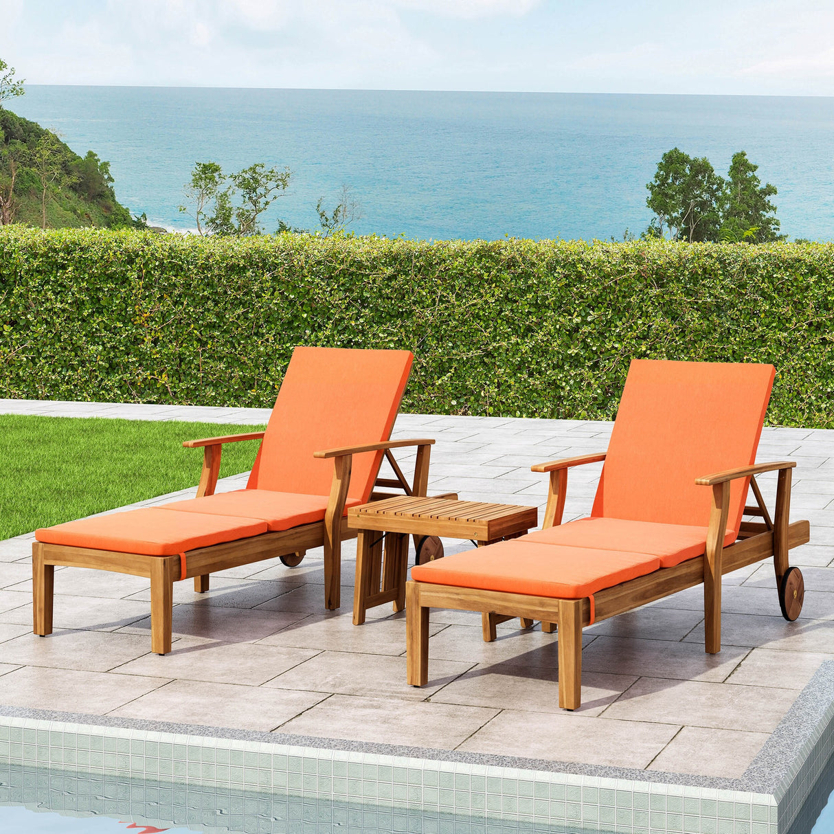 Perla Outdoor Acacia Wood 3 Piece Chaise Lounge Set with Water-Resistant Cushions by Christopher Knight Home