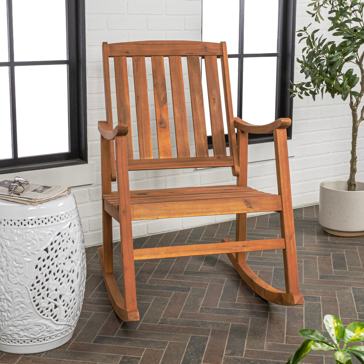 Perry Classic Slat-Back 300-Lbs Support Acacia Wood Patio Outdoor Rocking Chair, by JONATHAN Y - 22.4"