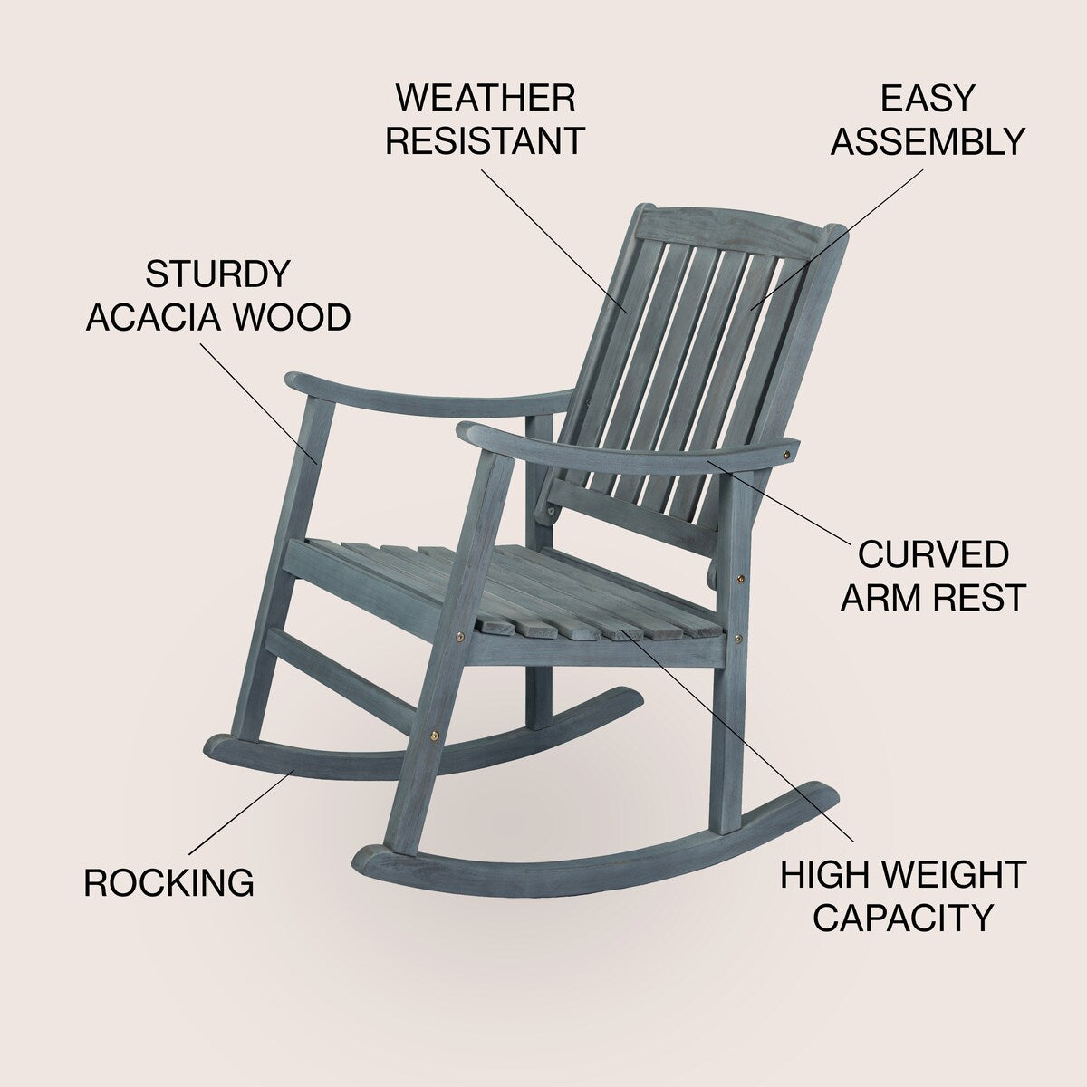 Perry Classic Slat-Back 300-Lbs Support Acacia Wood Patio Outdoor Rocking Chair, by JONATHAN Y - 22.4"