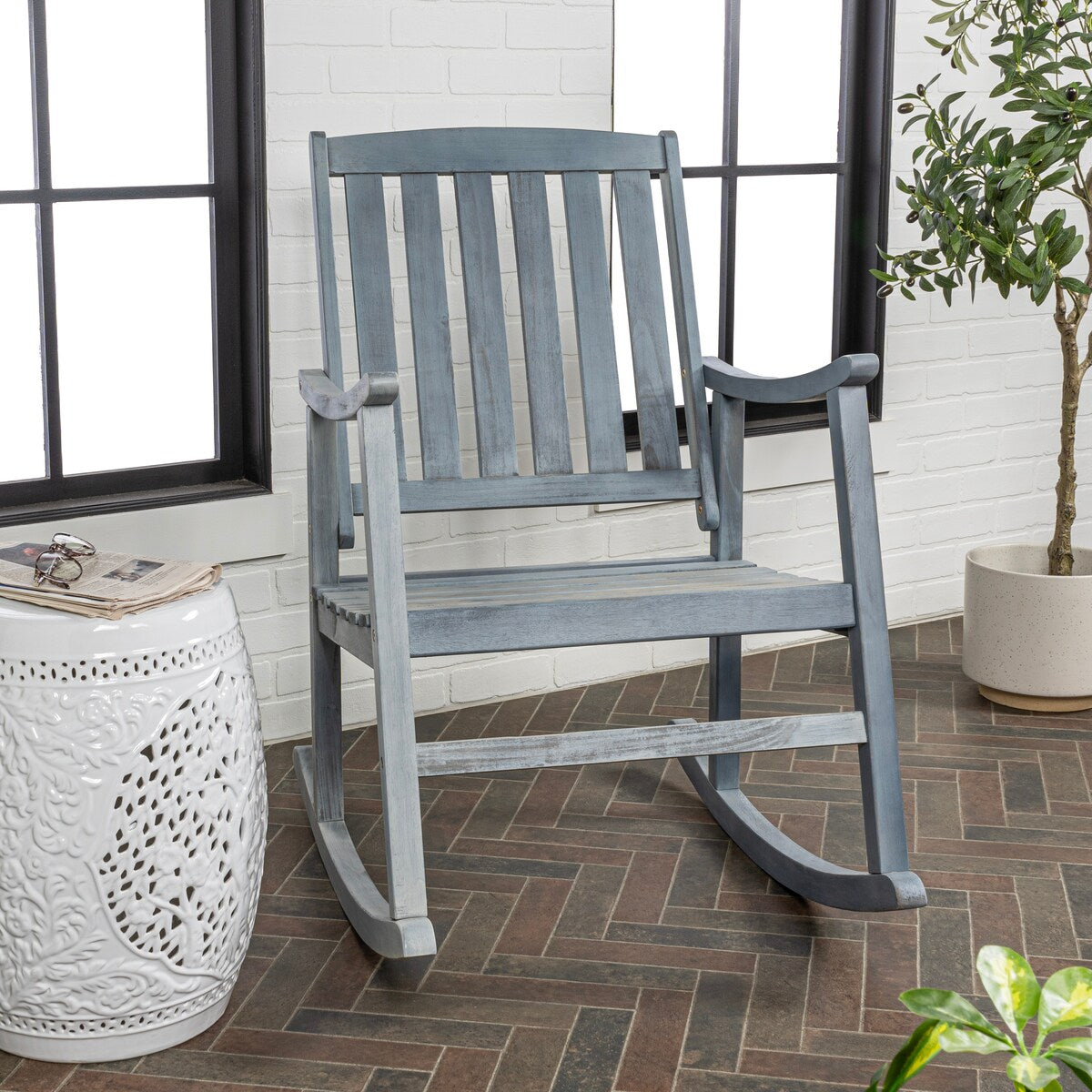 Perry Classic Slat-Back 300-Lbs Support Acacia Wood Patio Outdoor Rocking Chair, by JONATHAN Y - 22.4"