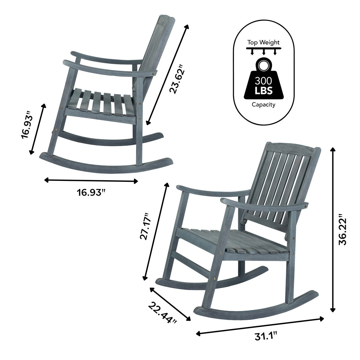 Perry Classic Slat-Back 300-Lbs Support Acacia Wood Patio Outdoor Rocking Chair, by JONATHAN Y - 22.4"