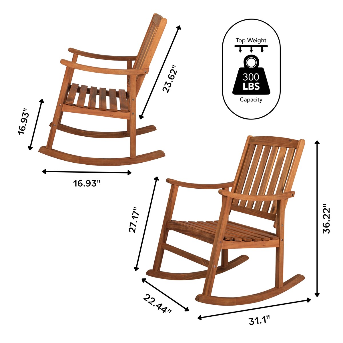 Perry Classic Slat-Back 300-Lbs Support Acacia Wood Patio Outdoor Rocking Chair, by JONATHAN Y - 22.4"