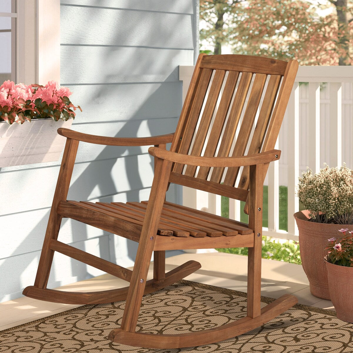Perry Classic Slat-Back 300-Lbs Support Acacia Wood Patio Outdoor Rocking Chair, by JONATHAN Y - 22.4"