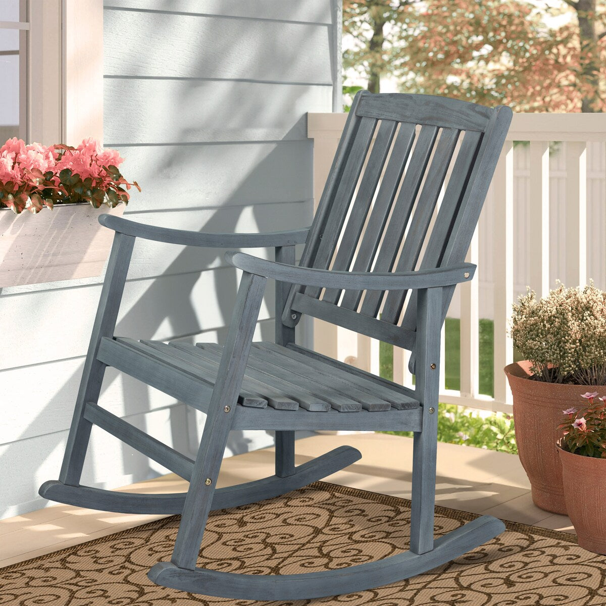 Perry Classic Slat-Back 300-Lbs Support Acacia Wood Patio Outdoor Rocking Chair, by JONATHAN Y - 22.4"