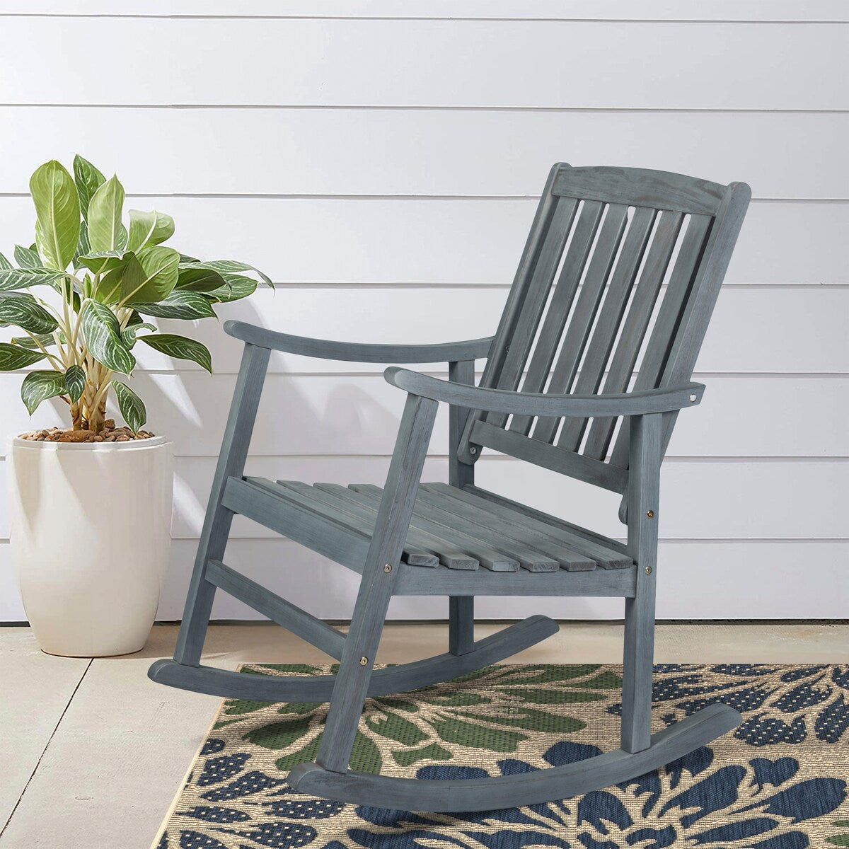 Perry Classic Slat-Back 300-Lbs Support Acacia Wood Patio Outdoor Rocking Chair, by JONATHAN Y - 22.4"