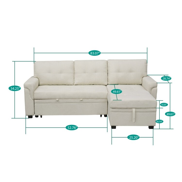 Perry Modern Reversible Sectional Sofa with Storage Chaise, Pullout Sleeper Sofa Couch Bed for Living Room