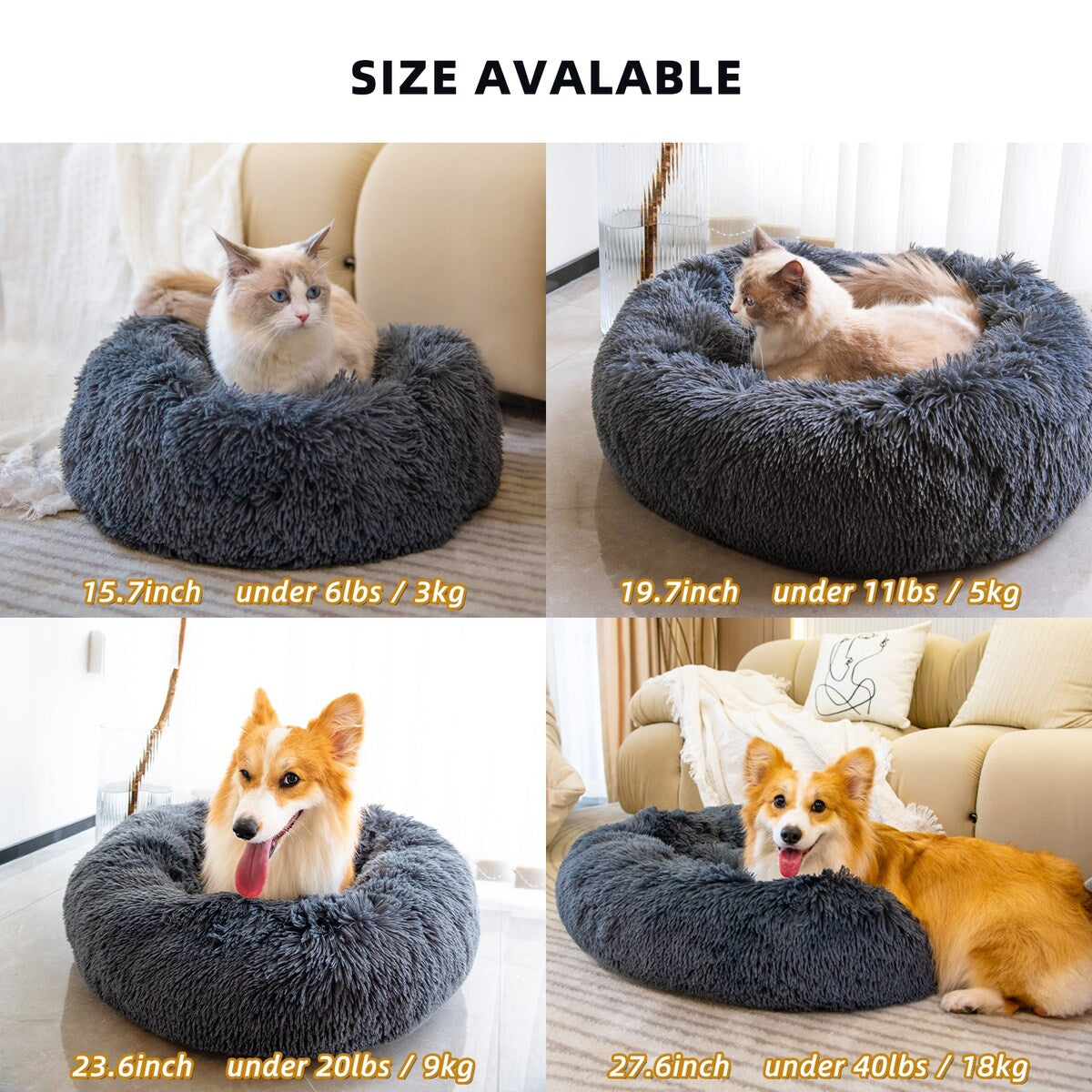 Pet Beds for Cats, Anti Anxiety Fluffy Dog Bed Cuddler with Anti-Slip & Water-Resistant Bottom for Small Medium Pets