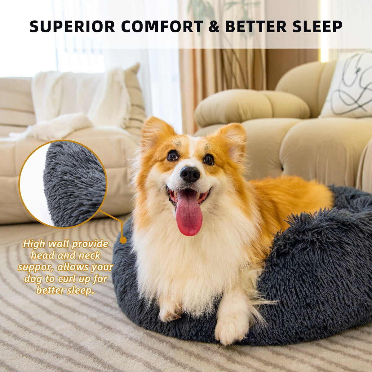 Pet Beds for Cats, Anti Anxiety Fluffy Dog Bed Cuddler with Anti-Slip & Water-Resistant Bottom for Small Medium Pets