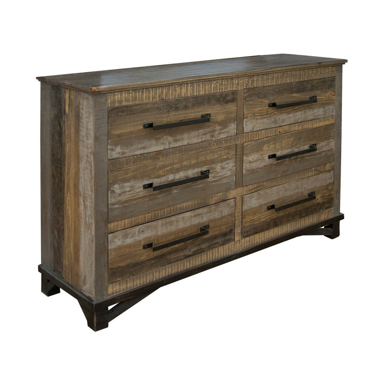 Peya 62 Inch Wide Dresser with 6 Drawers, Distressed Gray, Brown Pine Wood