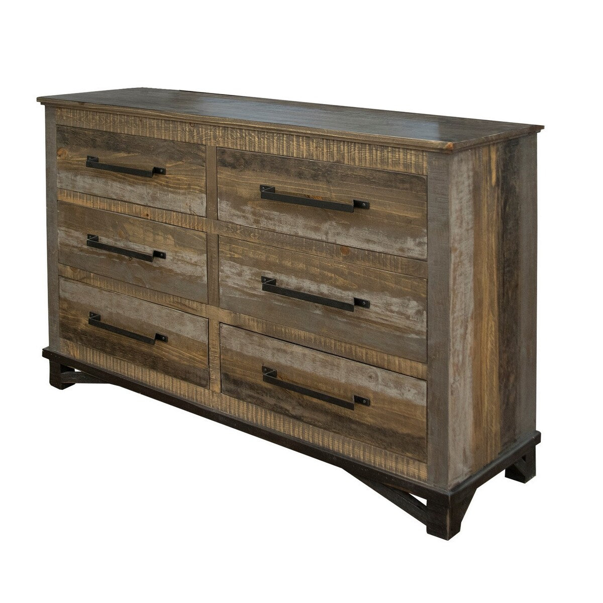Peya 62 Inch Wide Dresser with 6 Drawers, Distressed Gray, Brown Pine Wood