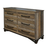 Peya 62 Inch Wide Dresser with 6 Drawers, Distressed Gray, Brown Pine Wood