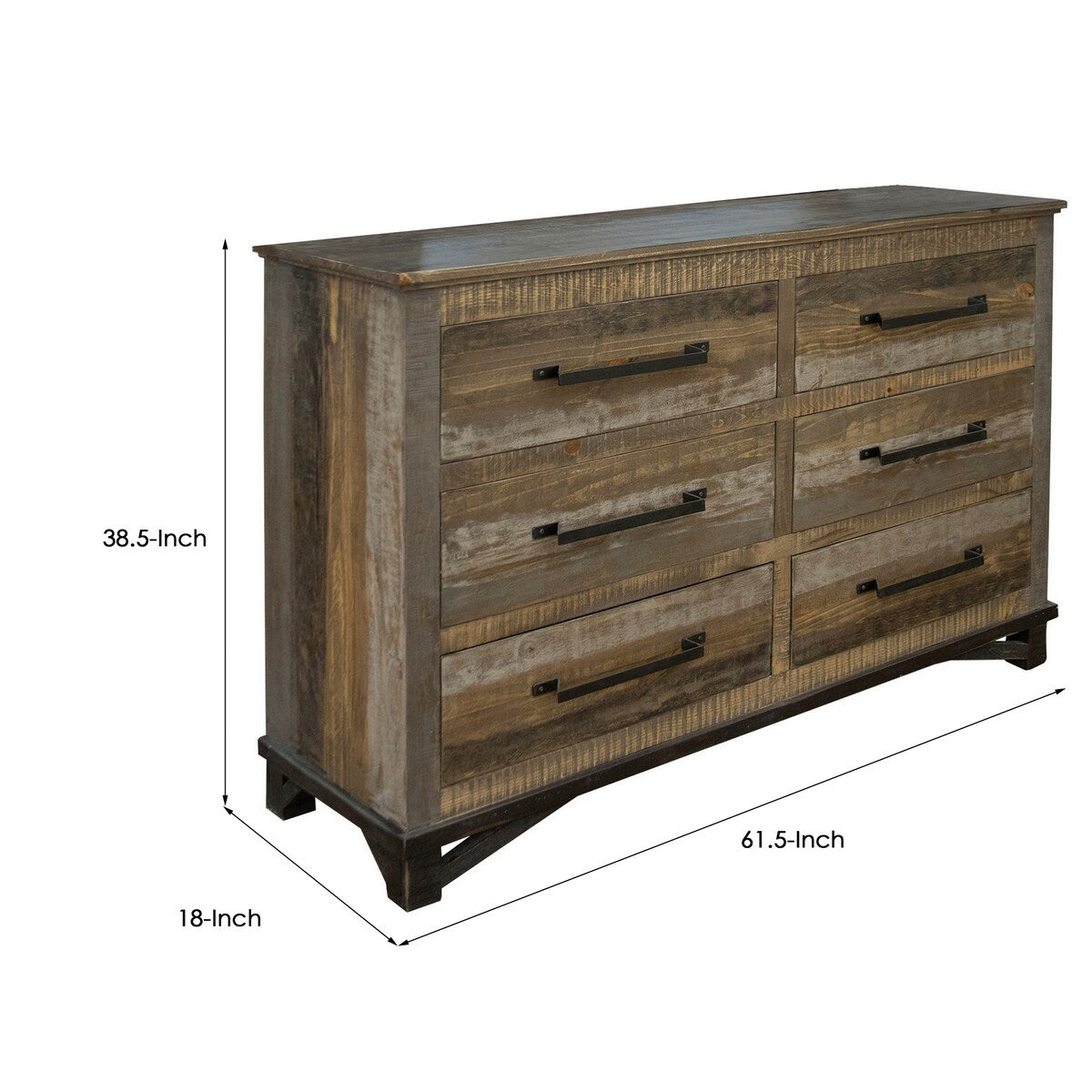 Peya 62 Inch Wide Dresser with 6 Drawers, Distressed Gray, Brown Pine Wood