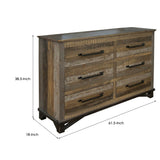 Peya 62 Inch Wide Dresser with 6 Drawers, Distressed Gray, Brown Pine Wood
