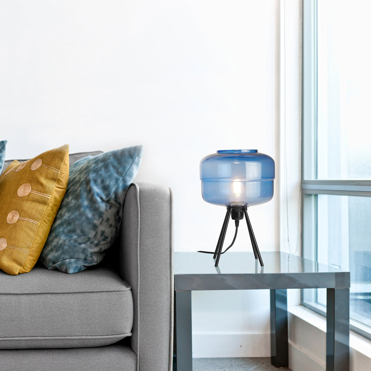 Peyton River of Goods Blue and Black Glass and Metal 15-Inch Table Lamp with Globe Shade - 9.75" x 9.75" x 15"