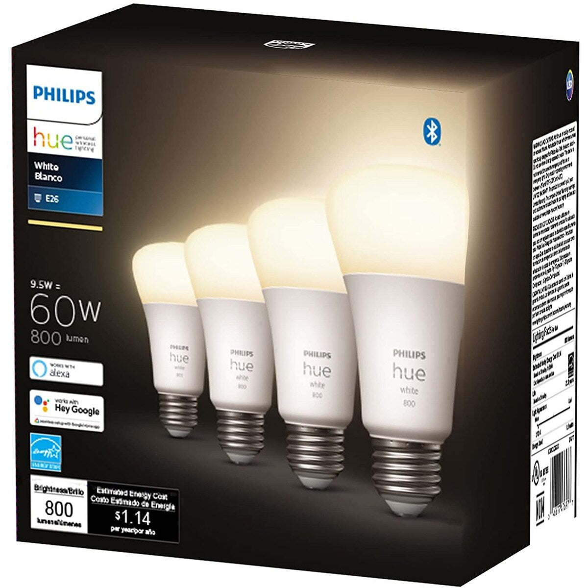 Philips Hue A19 Bluetooth Smart LED Bulb 4-Pack, White