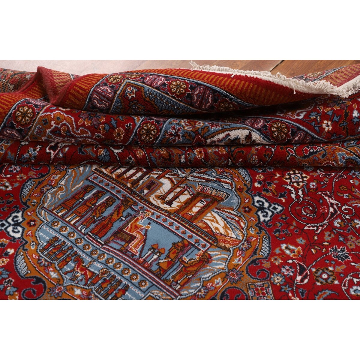 Pictorial Red Animals Kashan Turkish Area Rug Machine Made Carpet - 8'0" x 11'4"