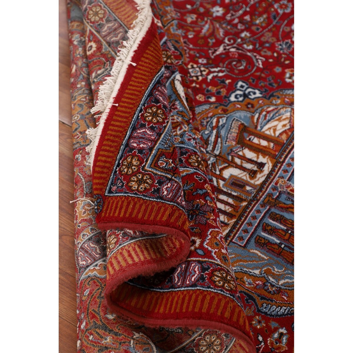 Pictorial Red Animals Kashan Turkish Area Rug Machine Made Carpet - 8'0" x 11'4"