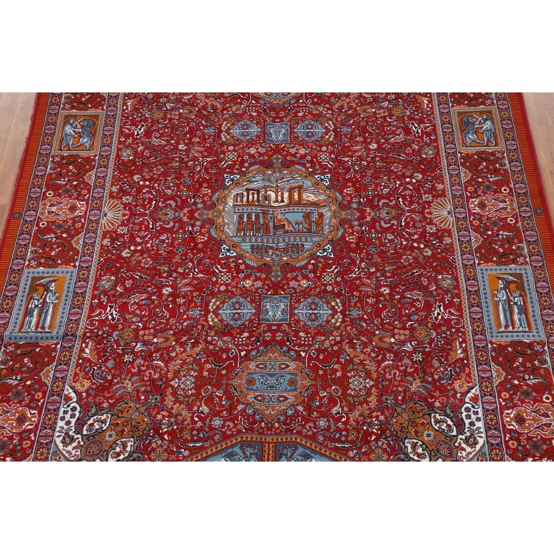 Pictorial Red Animals Kashan Turkish Area Rug Machine Made Carpet - 8'0" x 11'4"