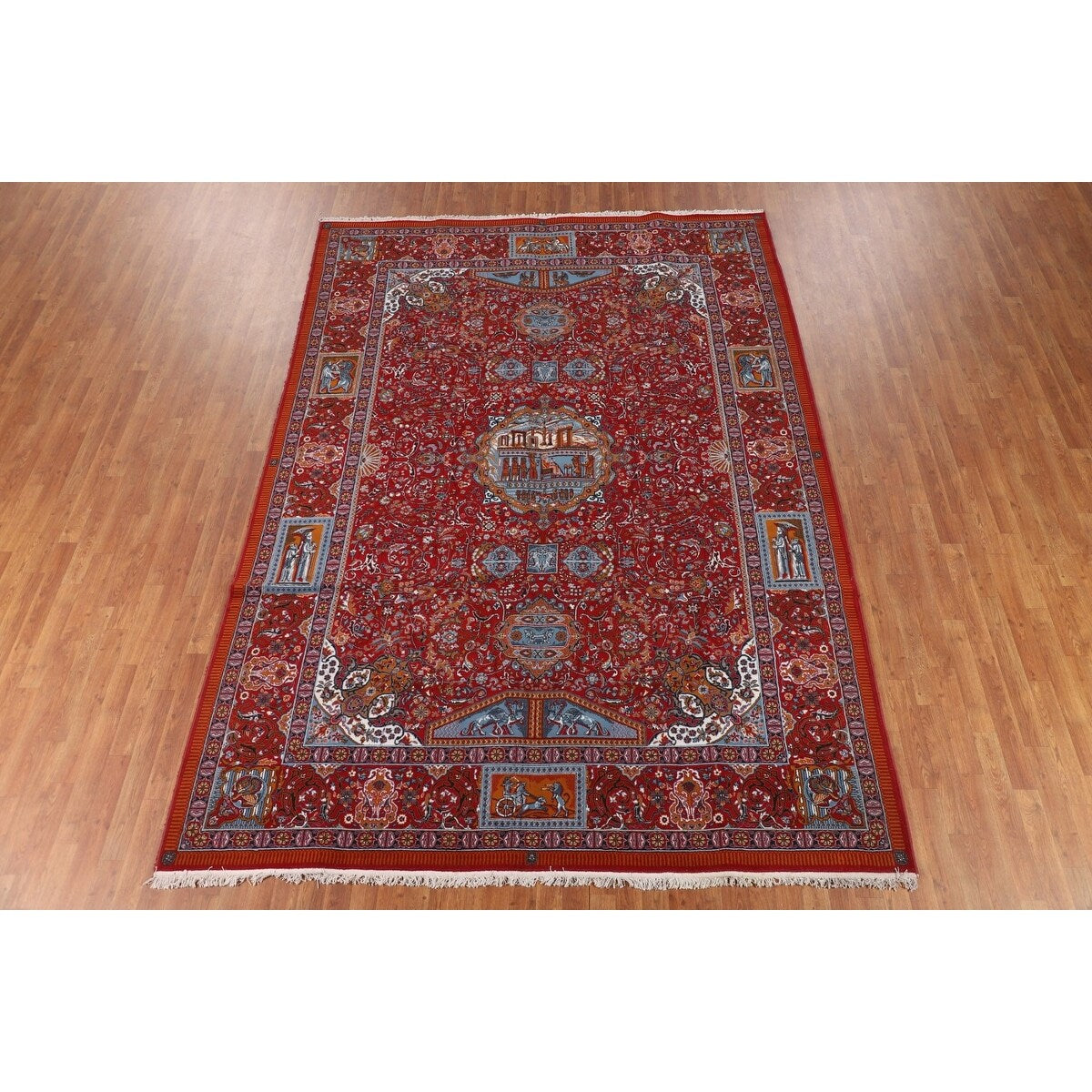 Pictorial Red Animals Kashan Turkish Area Rug Machine Made Carpet - 8'0" x 11'4"