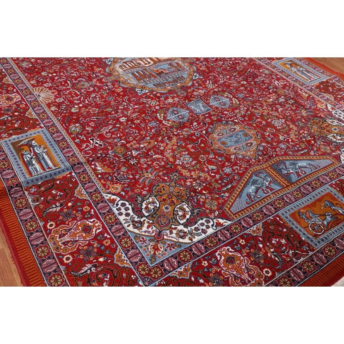 Pictorial Red Animals Kashan Turkish Area Rug Machine Made Carpet - 8'0" x 11'4"