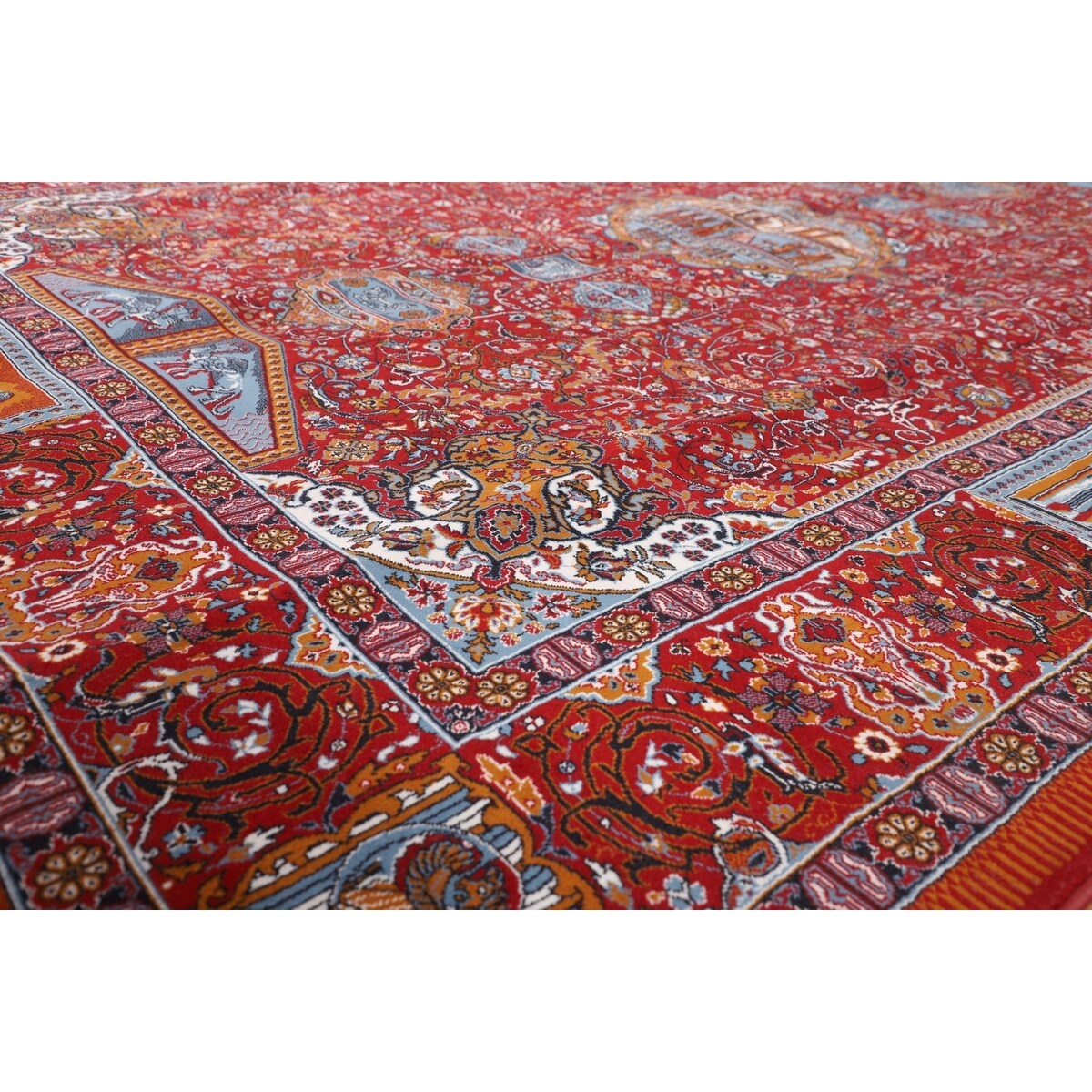 Pictorial Red Animals Kashan Turkish Area Rug Machine Made Carpet - 8'0" x 11'4"