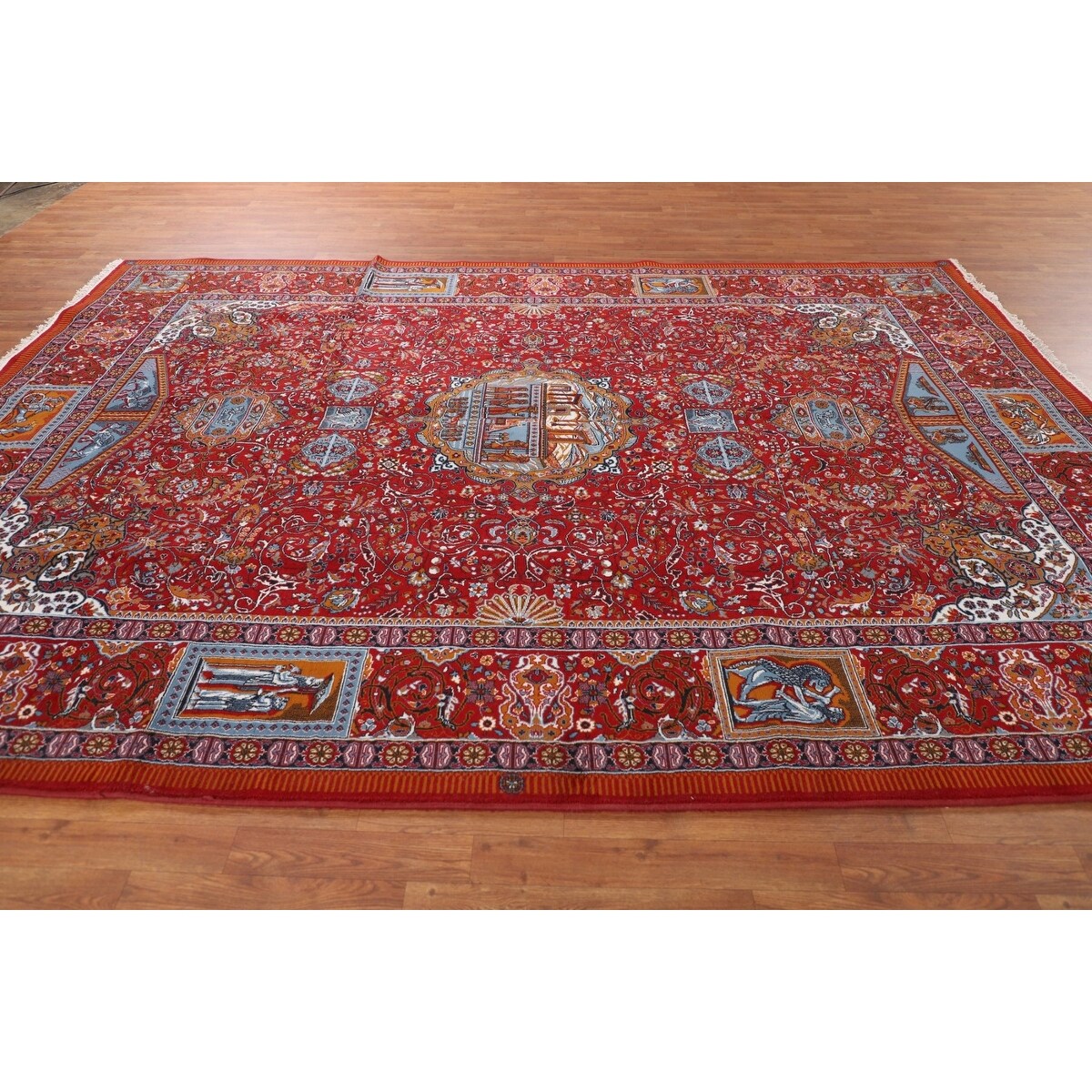 Pictorial Red Animals Kashan Turkish Area Rug Machine Made Carpet - 8'0" x 11'4"