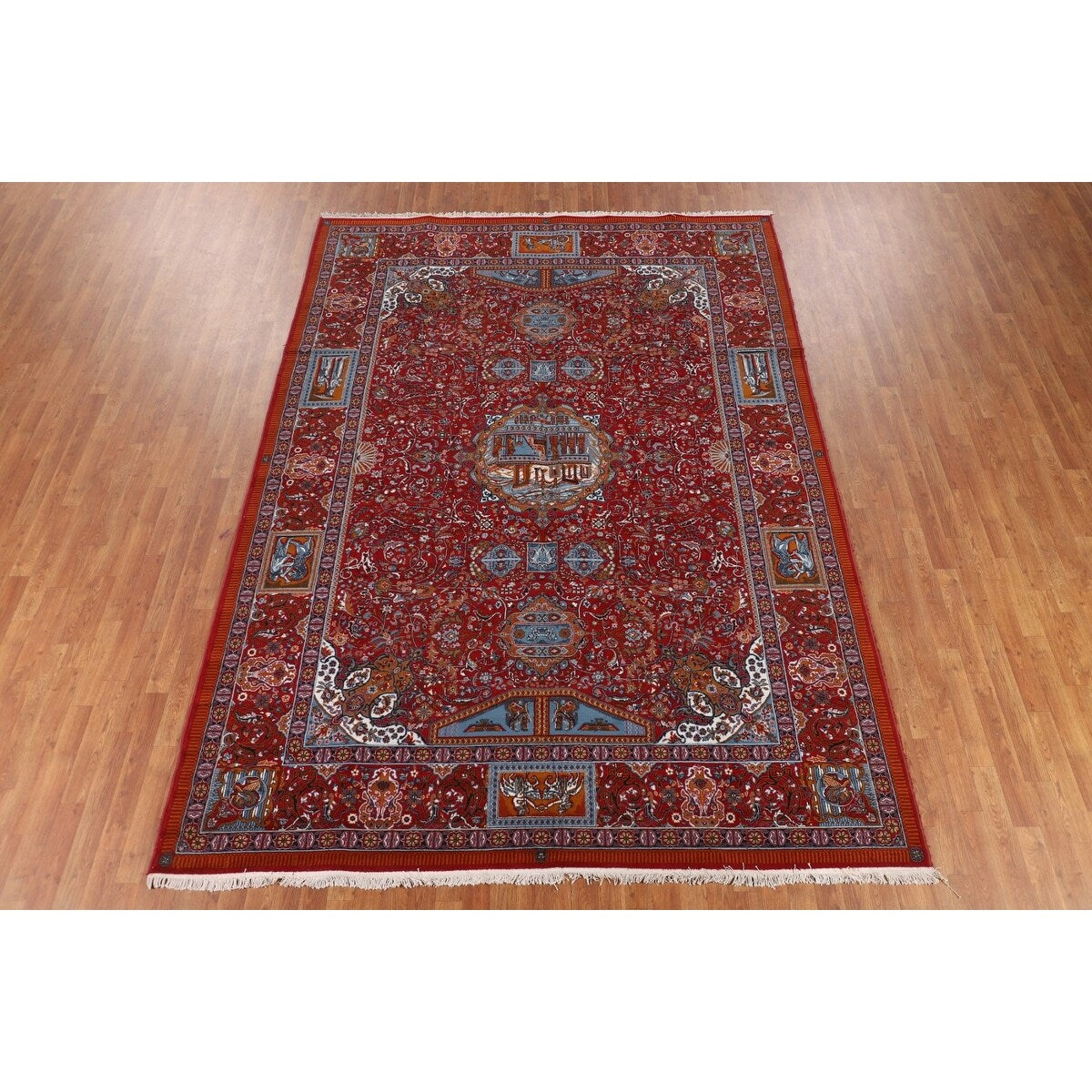 Pictorial Red Animals Kashan Turkish Area Rug Machine Made Carpet - 8'0" x 11'4"