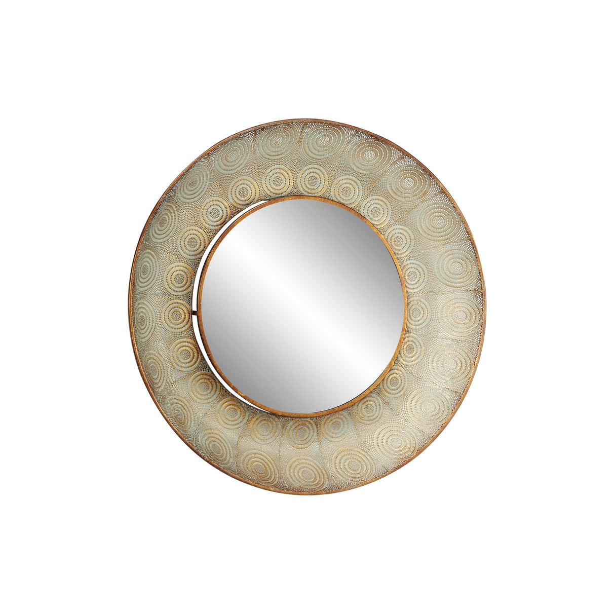Pierced Gold Metal Large, Round Wall Mirror with Eclectic Circle Designs, 36" x 36"