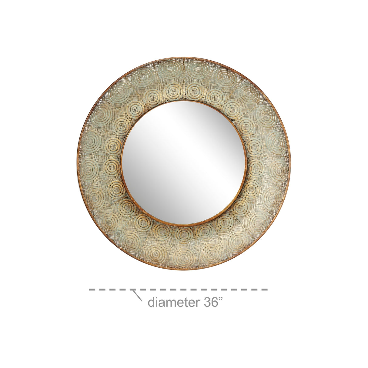 Pierced Gold Metal Large, Round Wall Mirror with Eclectic Circle Designs, 36" x 36"