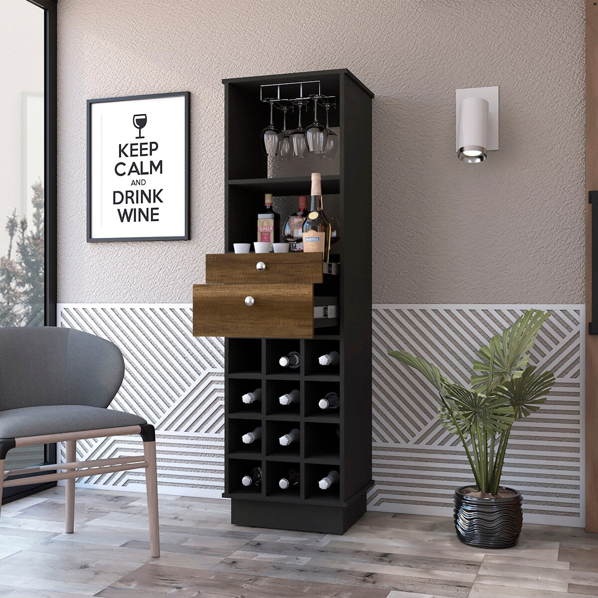Pierpont 12-Bottle 2-Drawer 1-Shelf Bar Cabinet Black Wengue and Walnut