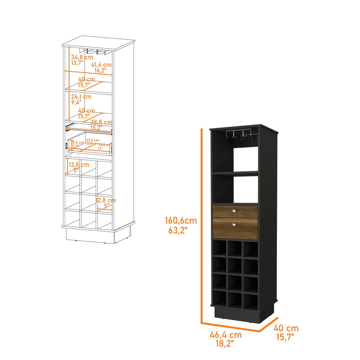 Pierpont 12-Bottle 2-Drawer 1-Shelf Bar Cabinet Black Wengue and Walnut