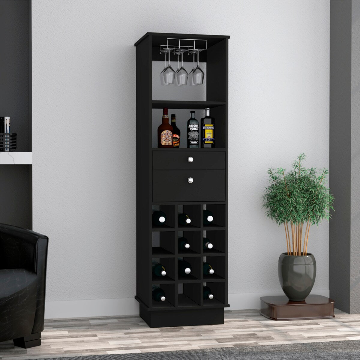 Pierpont 12-Bottle 2-Drawer 1-Shelf Bar Cabinet Black Wengue