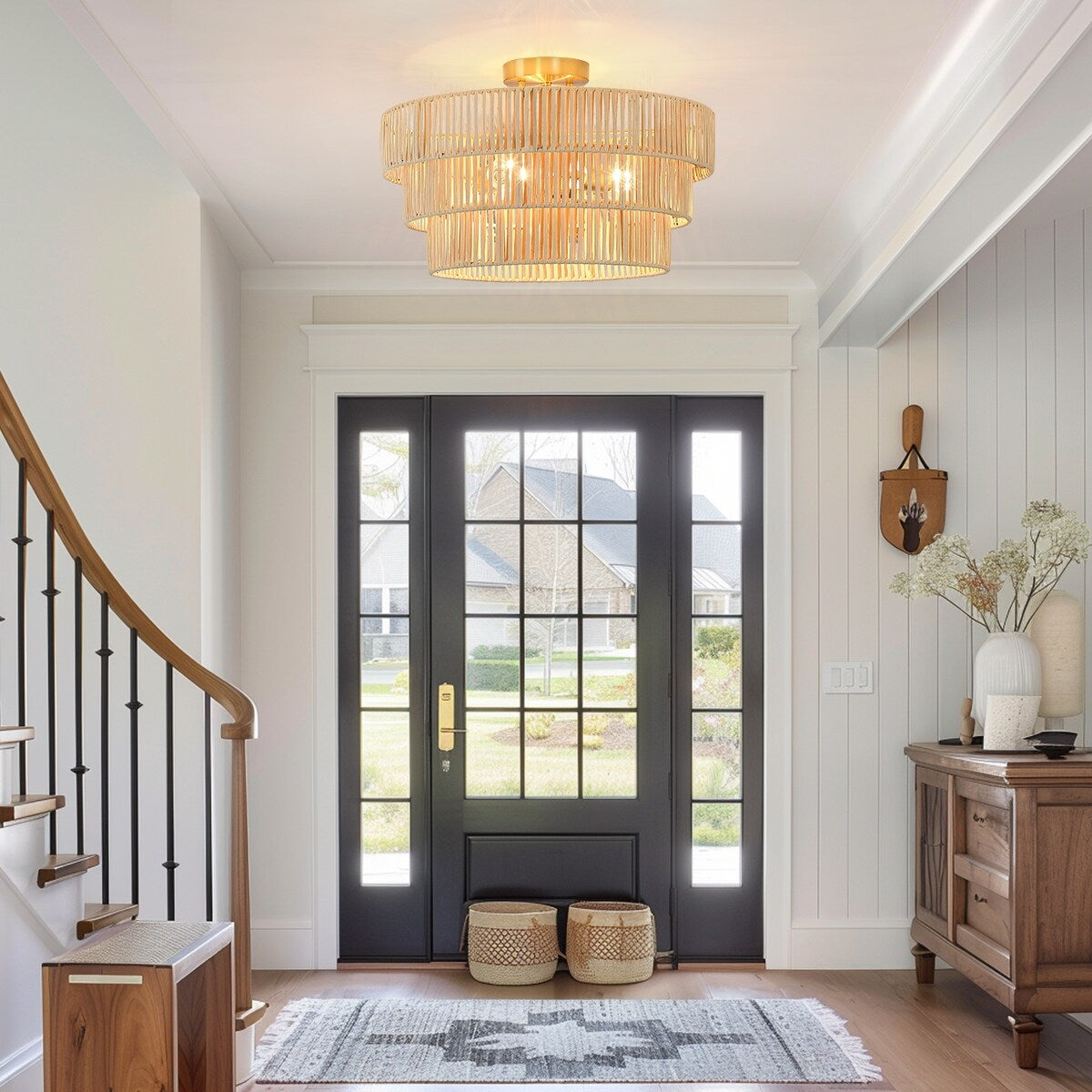 Piersan 3-Light Semi-Flush Mount with Tiered Rattan shades - 18'' W