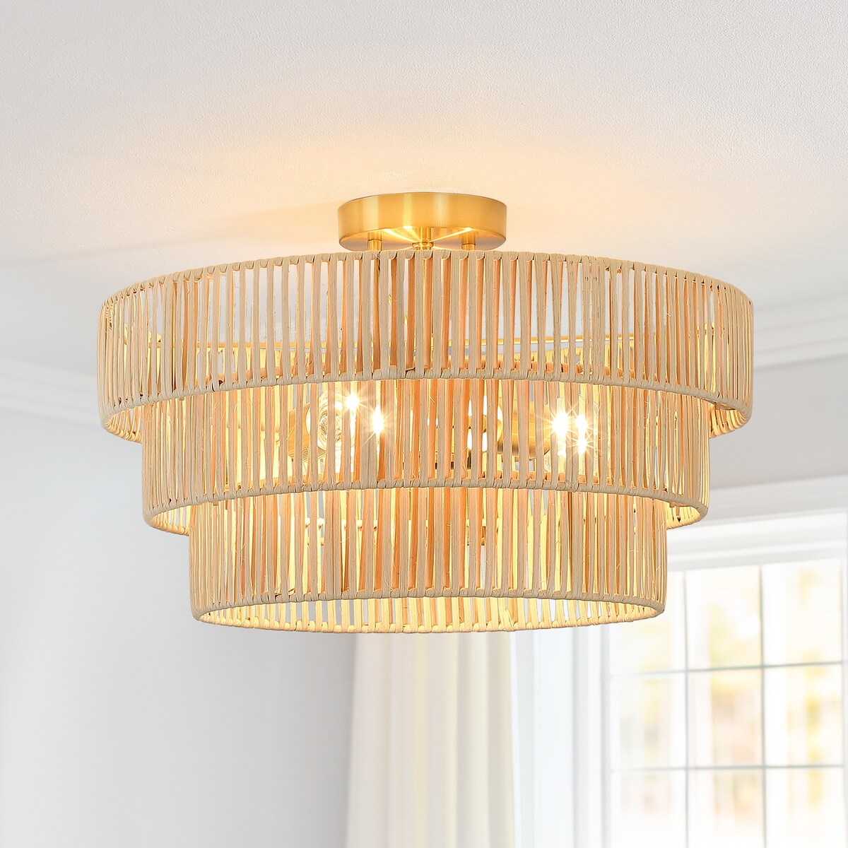 Piersan 3-Light Semi-Flush Mount with Tiered Rattan shades - 18'' W